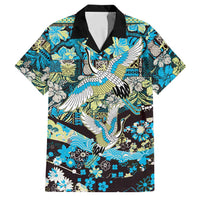 Japanese Hawaiian Crane Family Matching Puletasi and Hawaiian Shirt Blue Tapa Patchwork Pattern