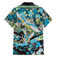Japanese Hawaiian Crane Family Matching Puletasi and Hawaiian Shirt Blue Tapa Patchwork Pattern