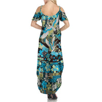 Japanese Hawaiian Crane Family Matching Summer Maxi Dress and Hawaiian Shirt Blue Tapa Patchwork Pattern LT9 - Polynesian Pride