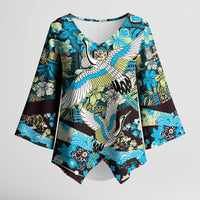 Japanese Hawaiian Crane Kimono Sleeve Blouse Blue Tapa Patchwork Pattern