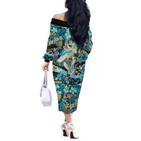 Japanese Hawaiian Crane Off The Shoulder Long Sleeve Dress Blue Tapa Patchwork Pattern