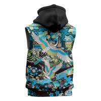 Japanese Hawaiian Crane Sleeveless Hoodie Blue Tapa Patchwork Pattern