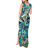 Japanese Hawaiian Crane Tank Maxi Dress Blue Tapa Patchwork Pattern LT9 - Polynesian Pride