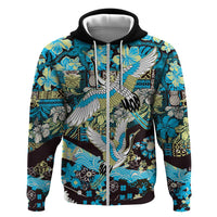Japanese Hawaiian Crane Zip Hoodie Blue Tapa Patchwork Pattern LT9 Zip Hoodie Blue - Polynesian Pride