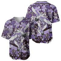 Japanese Hawaiian Crane Baseball Jersey Purple Tapa Patchwork Pattern