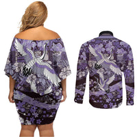 Japanese Hawaiian Crane Couples Matching Off Shoulder Short Dress and Long Sleeve Button Shirt Purple Tapa Patchwork Pattern