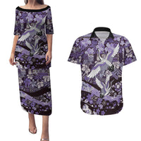Japanese Hawaiian Crane Couples Matching Puletasi and Hawaiian Shirt Purple Tapa Patchwork Pattern