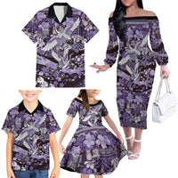 Japanese Hawaiian Crane Family Matching Off The Shoulder Long Sleeve Dress and Hawaiian Shirt Purple Tapa Patchwork Pattern LT9 - Polynesian Pride