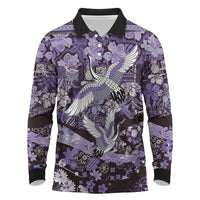 Japanese Hawaiian Crane Long Sleeve Polo Shirt Purple Tapa Patchwork Pattern LT9 Purple - Polynesian Pride