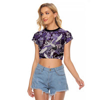 Japanese Hawaiian Crane Raglan Cropped T Shirt Purple Tapa Patchwork Pattern