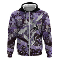 Japanese Hawaiian Crane Zip Hoodie Purple Tapa Patchwork Pattern