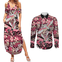 Japanese Hawaiian Crane Couples Matching Summer Maxi Dress and Long Sleeve Button Shirt Soft Pink Tapa Patchwork Pattern LT9 Pink - Polynesian Pride