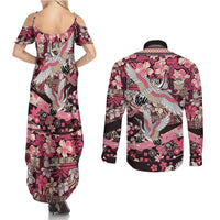 Japanese Hawaiian Crane Couples Matching Summer Maxi Dress and Long Sleeve Button Shirt Soft Pink Tapa Patchwork Pattern LT9 - Polynesian Pride