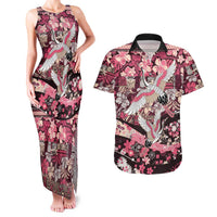 Japanese Hawaiian Crane Couples Matching Tank Maxi Dress and Hawaiian Shirt Soft Pink Tapa Patchwork Pattern