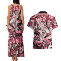 Japanese Hawaiian Crane Couples Matching Tank Maxi Dress and Hawaiian Shirt Soft Pink Tapa Patchwork Pattern