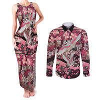 Japanese Hawaiian Crane Couples Matching Tank Maxi Dress and Long Sleeve Button Shirt Soft Pink Tapa Patchwork Pattern