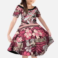 Japanese Hawaiian Crane Family Matching Off The Shoulder Long Sleeve Dress and Hawaiian Shirt Soft Pink Tapa Patchwork Pattern LT9 Daughter's Dress Pink - Polynesian Pride