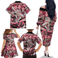 Japanese Hawaiian Crane Family Matching Off The Shoulder Long Sleeve Dress and Hawaiian Shirt Soft Pink Tapa Patchwork Pattern LT9 - Polynesian Pride
