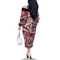Japanese Hawaiian Crane Family Matching Off The Shoulder Long Sleeve Dress and Hawaiian Shirt Soft Pink Tapa Patchwork Pattern LT9 - Polynesian Pride