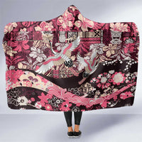 Japanese Hawaiian Crane Hooded Blanket Soft Pink Tapa Patchwork Pattern