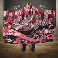 Japanese Hawaiian Crane Hooded Blanket Soft Pink Tapa Patchwork Pattern