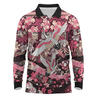 Japanese Hawaiian Crane Long Sleeve Polo Shirt Soft Pink Tapa Patchwork Pattern LT9 Pink - Polynesian Pride