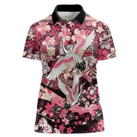 Japanese Hawaiian Crane Women Polo Shirt Soft Pink Tapa Patchwork Pattern