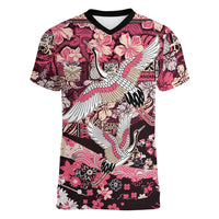 Japanese Hawaiian Crane Women V-Neck T-Shirt Soft Pink Tapa Patchwork Pattern
