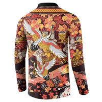 Japanese Hawaiian Crane Button Sweatshirt Yellow Ochre Tapa Patchwork Pattern