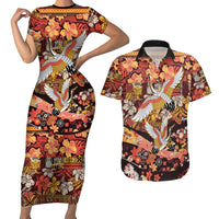 Japanese Hawaiian Crane Couples Matching Short Sleeve Bodycon Dress and Hawaiian Shirt Yellow Ochre Tapa Patchwork Pattern
