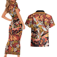 Japanese Hawaiian Crane Couples Matching Short Sleeve Bodycon Dress and Hawaiian Shirt Yellow Ochre Tapa Patchwork Pattern