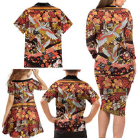 Japanese Hawaiian Crane Family Matching Long Sleeve Bodycon Dress and Hawaiian Shirt Yellow Ochre Tapa Patchwork Pattern