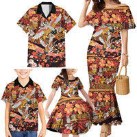 Japanese Hawaiian Crane Family Matching Mermaid Dress and Hawaiian Shirt Yellow Ochre Tapa Patchwork Pattern LT9 - Polynesian Pride