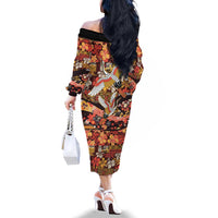 Japanese Hawaiian Crane Family Matching Off The Shoulder Long Sleeve Dress and Hawaiian Shirt Yellow Ochre Tapa Patchwork Pattern