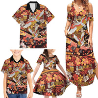 Japanese Hawaiian Crane Family Matching Summer Maxi Dress and Hawaiian Shirt Yellow Ochre Tapa Patchwork Pattern