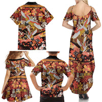 Japanese Hawaiian Crane Family Matching Summer Maxi Dress and Hawaiian Shirt Yellow Ochre Tapa Patchwork Pattern