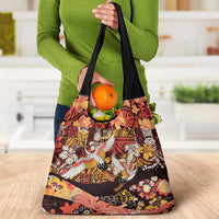 Japanese Hawaiian Crane Grocery Bag Yellow Ochre Tapa Patchwork Pattern