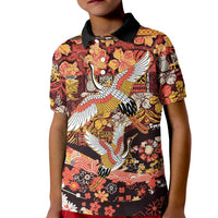 Japanese Hawaiian Crane Kid Polo Shirt Yellow Ochre Tapa Patchwork Pattern