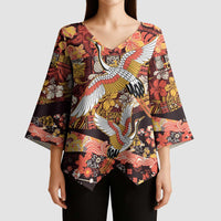 Japanese Hawaiian Crane Kimono Sleeve Blouse Yellow Ochre Tapa Patchwork Pattern LT9 - Polynesian Pride