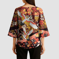 Japanese Hawaiian Crane Kimono Sleeve Blouse Yellow Ochre Tapa Patchwork Pattern LT9 - Polynesian Pride