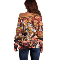 Japanese Hawaiian Crane Off Shoulder Sweater Yellow Ochre Tapa Patchwork Pattern