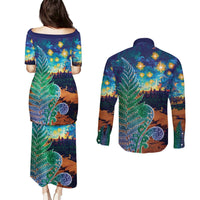 Personalised New Zealand Matariki Art Star Couples Matching Puletasi and Long Sleeve Button Shirt Koru Fern Night Starry Sky LT9 - Polynesian Pride