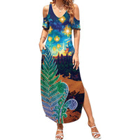 Personalised New Zealand Matariki Art Star Summer Maxi Dress Koru Fern Night Starry Sky LT9 Women Black - Polynesian Pride