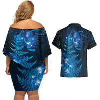 New Zealand Matariki Couples Matching Off Shoulder Short Dress and Hawaiian Shirt Blue Milky Way Stars Night Sky LT9 - Polynesian Pride
