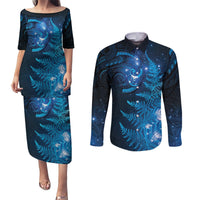 New Zealand Matariki Couples Matching Puletasi and Long Sleeve Button Shirt Blue Milky Way Stars Night Sky LT9 Blue - Polynesian Pride