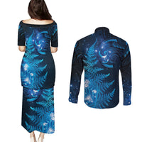 New Zealand Matariki Couples Matching Puletasi and Long Sleeve Button Shirt Blue Milky Way Stars Night Sky LT9 - Polynesian Pride