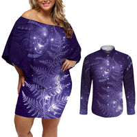 New Zealand Matariki Couples Matching Off Shoulder Short Dress and Long Sleeve Button Shirt Purple Milky Way Stars Night Sky LT9 Purple - Polynesian Pride