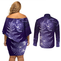 New Zealand Matariki Couples Matching Off Shoulder Short Dress and Long Sleeve Button Shirt Purple Milky Way Stars Night Sky LT9 - Polynesian Pride