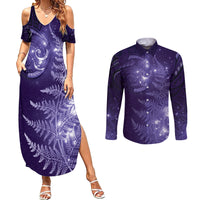 New Zealand Matariki Couples Matching Summer Maxi Dress and Long Sleeve Button Shirt Purple Milky Way Stars Night Sky LT9 Purple - Polynesian Pride