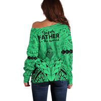 Polynesian Father's Day Gift For Dad Off Shoulder Sweater Super Father In The World - Green Polynesian Pattern LT9 - Polynesian Pride